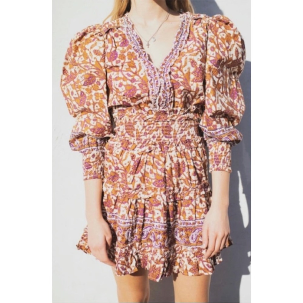 Anthropologie Love The Label Mabel‎ Khaki Puff Sleeve Mini Dress Size XS NWOT